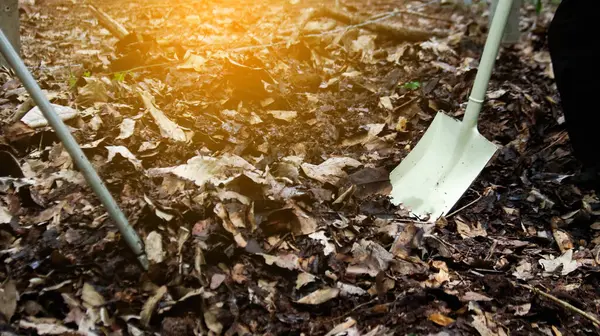 stock image Hands holding shovel to mix raw materials including dried leaves and dung to make bio fertilizer for growing plants