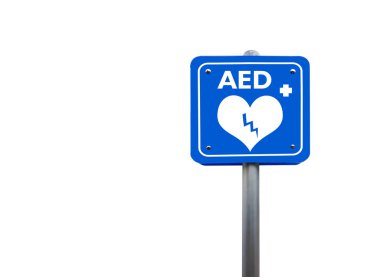 AED sembolünü gösteren mavi tabela, üzerinde 