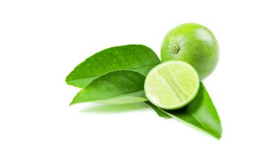 Whole limes and lime halves placed on a white background, highlighting the freshness and vibrant color of the fruit. clipart