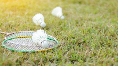 Bir badminton raketi ve bir mekik horozu çimenli bir alanda dinleniyor, açık hava sporlarının neşesini, sağlıklı yaşamı ve spor ve bağ kurmak için eğlence aktivitelerinin önemini sembolize ediyor..