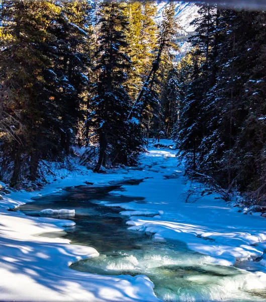 Gröna Vatten Baker Creek Som Rinner Förbi Snötäckta Stränder Banff — Stockfoto