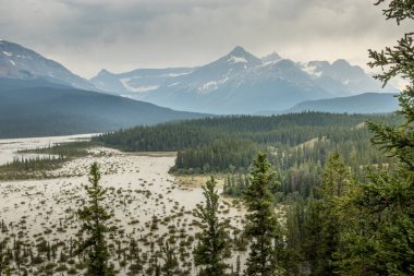 Rain and heavy clouds churn up the silt in the Saskatchewan River, as seen from Howes Pass Lookout Banff National Park Alberta Canada