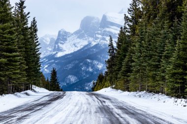 Minnewnaka döngüsü boyunca karlı kış yolculuğu. Banff Ulusal Parkı, Alberta, Kanada