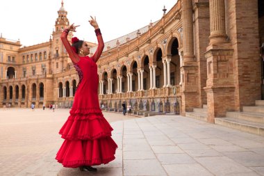 İspanya, Seville 'de bir meydanda flamenko dansı yapan güzel bir genç kadın. Fırfırlı kırmızı bir elbise giyiyor ve bir sürü sanatla flamenko dansı yapıyor. İnsanlığın Flamenko kültürel mirası.