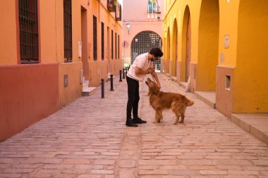 young latin man with sunglasses and beard and his brown golden retriever dog walking in the streets of a big european city. Concept pets, animals, dogs, love to retriever pets.