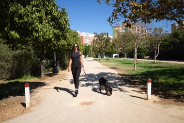 Güzel ve esmer İspanyol kadın bir Doberman köpeği olan köpeğini gezdiriyor. Kadın çok zarif siyah giyinmiş. Evcil hayvanlar ve hayvanlar konsepti.