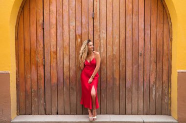 Ahşap bir kapının arka planında kırmızı ipek elbiseli genç ve güzel bir kadın saçına dokunuyor ve değişik yerlere bakarak farklı ifadeler takınıyor. İfadeleri ve jestleri kavra