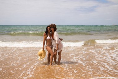 Two beautiful young women in bikinis strolling along the shore. The women are enjoying their trip to the beach paradise while making different gestures and expressions. Holidays and travels.