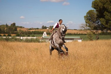 Young, beautiful Spanish woman on a brown horse in the countryside. The horse raises its front legs. She is doing dressage exercises. Thoroughbred and equine concept.