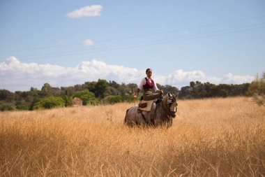 Young and beautiful Spanish woman on a Thoroughbred horse riding in the countryside in Spain. The woman is wearing a horse riding uniform. Thoroughbred and equine concept.