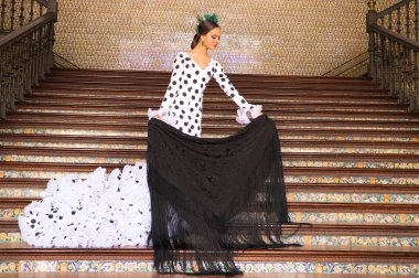 Beyaz elbiseli ve siyah puanlı flamenko dansı yapan güzel bir genç kadın merdivenlerde flamenko pozu veriyor. O, püsküllü siyah bir şal giyer. İnsanlığın Flamenko kültürel mirası.