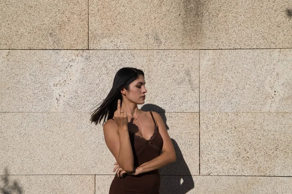 Beautiful Young Woman Raising Middle Finger Front Camera Because She — Stock Photo, Image