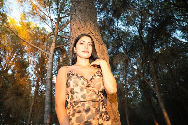 Όμορφη Νεαρή Γυναίκα Από Νότια Αμερική Ακουμπισμένη Ένα Δέντρο Στο — Φωτογραφία Αρχείου