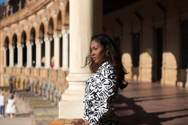 Beautiful Young Black Latin Woman Biggest Most Important Square Seville — Stok fotoğraf