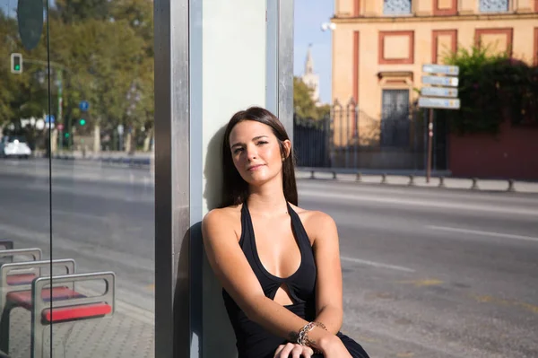 Young Beautiful Brunette Typical Spanish Woman Dressed Black Suit Sitting — Fotografia de Stock