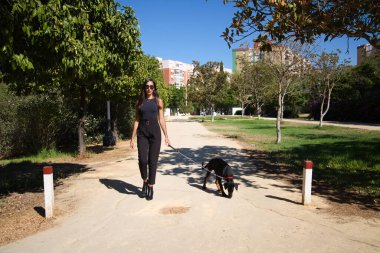 Güzel ve esmer İspanyol kadın bir Doberman köpeği olan köpeğini gezdiriyor. Kadın çok zarif siyah giyinmiş. Evcil hayvanlar ve hayvanlar konsepti.