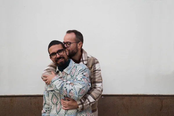 Young Couple Gay Men Marriage Happy One Man Grabs Other — Stock fotografie