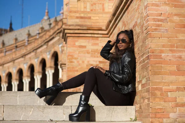 Young Beautiful Black Latin Woman Wearing Black Clothes Sunglasses Sitting — Stok fotoğraf