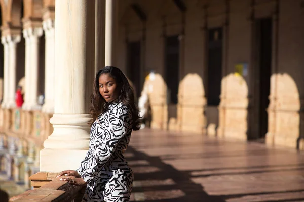 Beautiful Young Black Latin Woman Biggest Most Important Square Seville — Stok fotoğraf
