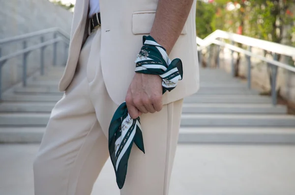 Detail Man Hand Green Handkerchief Wrapped His Wrist Man Wearing — Stockfoto