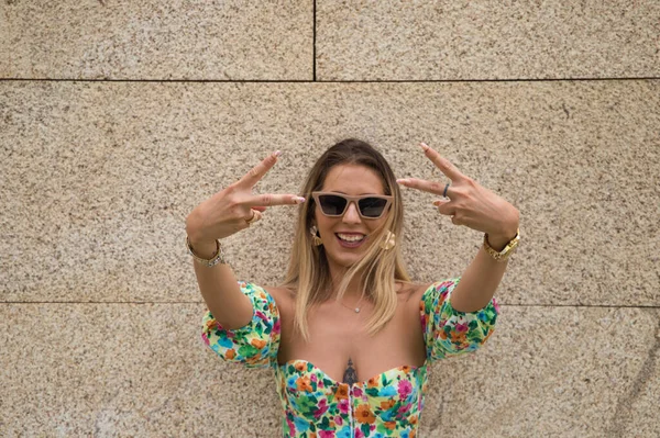 Young Beautiful Blonde Woman Sunglasses Leaning Brown Wall Different Postures — Stock Fotó