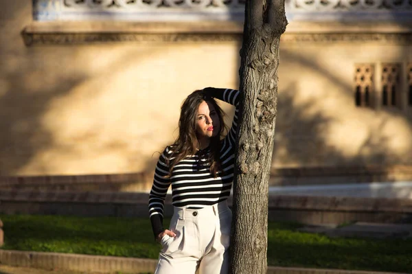 Young Beautiful Woman Long Brown Hair Wearing Black White Striped — Stock Photo, Image