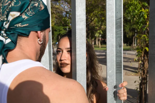 Portrait Couple Love Separated Fence Look Each Other Emotionally Sadness — 스톡 사진
