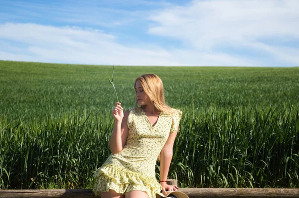 Blonde, young, pretty farm woman, sitting on a wooden fence. In the background a green wheat field. The woman is wearing a short green dress and a straw hat and is holding an ear of corn in her hand