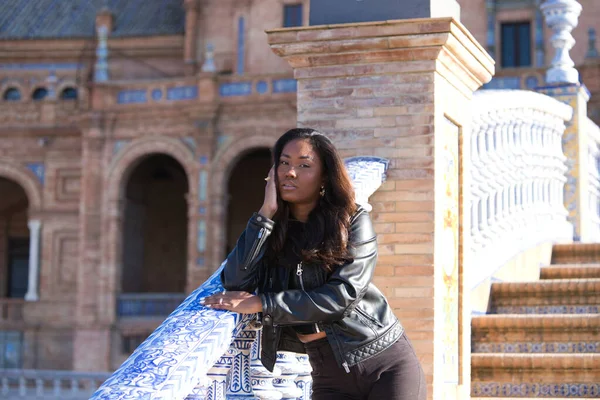 Young Beautiful Black Latin Woman Visits Most Important Square City — Stok fotoğraf