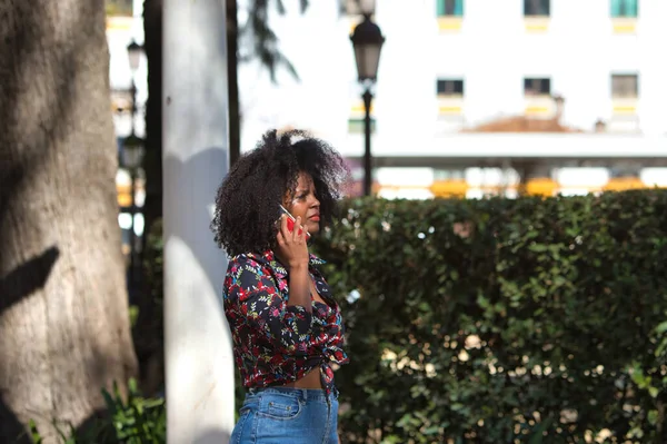 Afro Saçlı Genç Güzel Bir Siyahi Kadın Sıradan Kıyafetler Giymiş — Stok fotoğraf