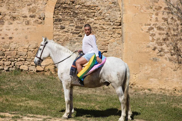 Young Non Binary Latin Person Riding White Horse Gay Pride — Stock Photo, Image