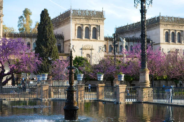 在西班牙塞维利亚最重要的公园花园中的喷泉 在背景中 你可以看到伊比利亚 美洲展览的纪念碑 旅行和假日概念 — 图库照片