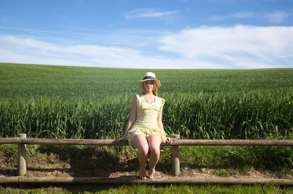 Blonde, young, pretty farm woman, sitting on a wooden fence. In the background a green wheat field. The woman is wearing a short green dress and a straw hat and is happy and smiling