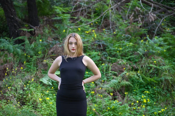 Siyah giyinmiş genç, güzel sarışın kadın farklı duruş ve ifadelerle ormanda yürüyor. Arka planda eğrelti otları ve sarı çiçekler. Doğadaki kavramsal ifadeler.