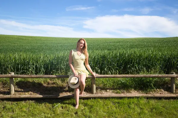 Blonde, young, pretty farm woman, sitting on a wooden fence. In the background a green wheat field and blue sky. The woman is wearing a short green dress and a straw hat