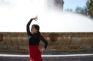 İspanya, Seville 'de bir meydanda flamenko dansı yapan güzel bir kadın. Tipik bir kırmızı ve siyah çingene elbisesi giyiyor ve bir sürü sanatla flamenko dansı yapıyor. Flamenko, insanlığın kültürel mirası.