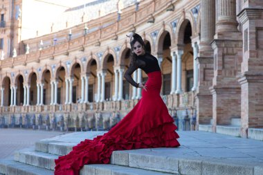 İspanya, Seville 'de bir meydanda flamenko dansı yapan güzel bir kadın. Tipik bir kırmızı ve siyah çingene elbisesi giyiyor ve bir sürü sanatla flamenko dansı yapıyor. Elbise meydanın merdivenlerinden sarkıyor.