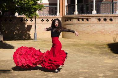 İspanya, Sevilla 'da flamenko dansı yapan güzel bir kadın. Flamenko dansçısının tipik kırmızı ve siyah bir elbisesi var. Bir sürü sanatı var. Fırfırlı elbisenin havasındaki hareketi görebilirsiniz..