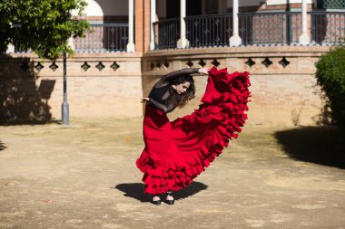 İspanya, Sevilla 'da flamenko dansı yapan güzel bir kadın. Flamenko dansçısının tipik kırmızı ve siyah bir elbisesi var. Bir sürü sanatı var. Fırfırlı elbisenin havasındaki hareketi görebilirsiniz..