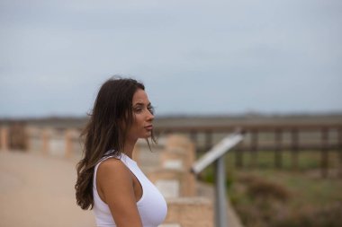 Beyaz gömlekli ve kaplan desenli etekli güzel bir kadın körfeze bakmak için korkuluklara yaslanıyor. Yaz olmasına rağmen gün gri ve bulutlu.