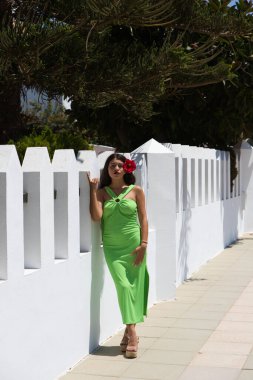 Latin bir kadın, esmer, genç ve güzel, yeşil elbiseli ve saçında beyaz bir duvara yaslanmış amber çiçeği var. Makyajlı ve tırnaklarında manikürle. Güzellik ve moda konsepti