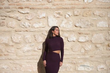 Zarif, menekşe bir elbise giymiş, taş bir duvarda poz veren güzel bir kadın. Kadının durumu ciddi. Yüzünde güneş var ve sağ tarafına bakıyor. İfadeleri ve jestleri kavra