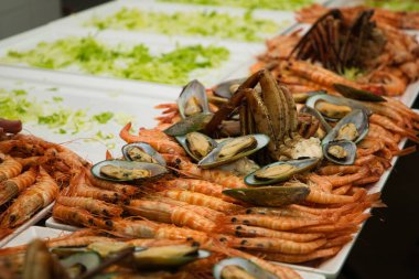 Deniz ürünleri. Farklı deniz ürünleri, karides, karides, midye, örümcek yengeci, yemek servisi için ıstakoz. Kutlama ve olay kavramı