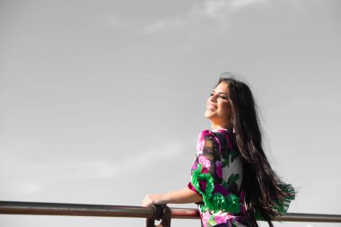 Latin bir kadın, genç ve güzel, saçları tırabzanda dans eden bir flamenko. Atlantik Okyanusu ufkunda. Dalgalı ve çiçekli beyaz elbiseli kadın tipik Endülüs.