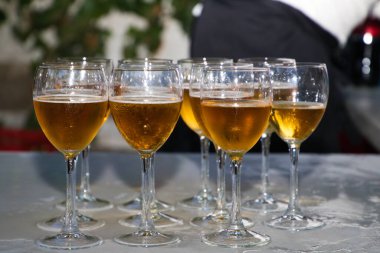 Taze, altın bira bardakları tezgahta servis yapmaya hazır.