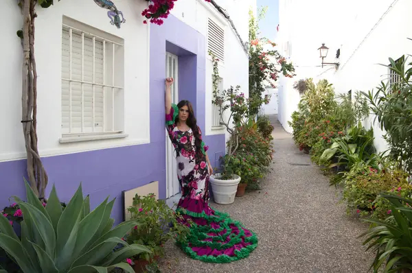 Flamenko yapan esmer kadın Endülüs 'ün tipik bir caddesinde saksılarla dans ediyor. Kadın çiçeklerle basılmış fırfırlı bir elbise giyiyor. Flamenko İnsanlığın Soyut Kültürel Mirası