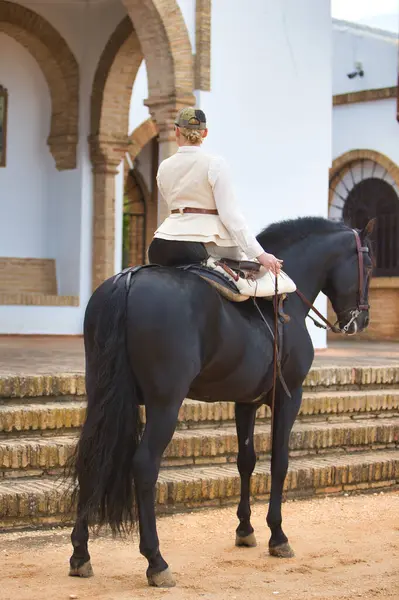 İspanya 'nın Endülüs şehrinde düzenlenen popüler festivalde safkan bir İspanyol siyah atına binen genç ve güzel bir kadın. Kadın tipik bir atlı kadın kostümü giyiyor. Arka planda inziva yeri var.