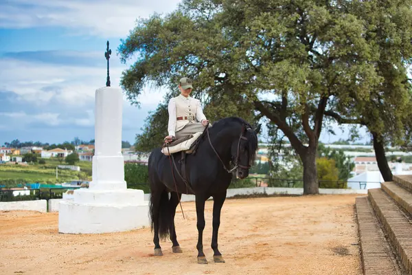 Endülüs, İspanya 'da siyah safkan bir İspanyol atına binen genç ve güzel bir kadın. Kadın tipik bir atlı kadın kostümü giyiyor. Ufukta mavi gökyüzü ve beyaz bulutlar