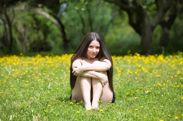 Sarı çiçekli yeşil bir çayırda oturan genç, esmer ve güzel bir kadın. Kadın elleri ve kollarıyla bacaklarına sarılıyor ve mutlu. Arka planda büyük ağaçlar
