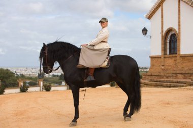 İspanya 'nın Endülüs şehrinde düzenlenen popüler festivalde safkan bir İspanyol siyah atına binen genç ve güzel bir kadın. Kadın tipik bir atlı kadın kostümü giyiyor. Arka planda inziva yeri var.